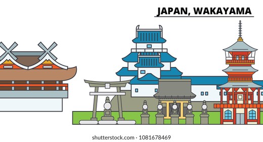 Japan, Wakayama. City skyline, architecture, buildings, streets, silhouette, landscape, panorama, landmarks. Editable strokes. Flat design line vector illustration concept. Isolated icons