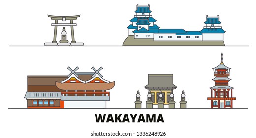 Japan, Wakayama flat landmarks vector illustration. Japan, Wakayama line city with famous travel sights, design skyline. 