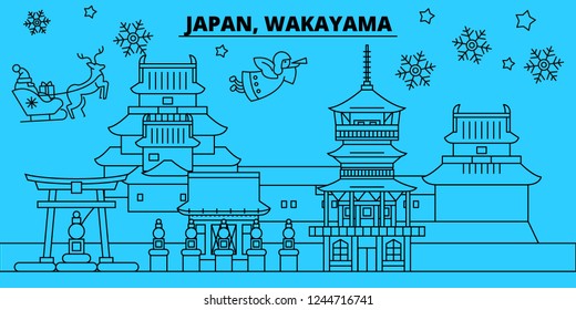 Japan, Wakayama winter holidays skyline. Merry Christmas, Happy New Year decorated banner with Santa Claus.Japan, Wakayama linear christmas city vector flat illustration