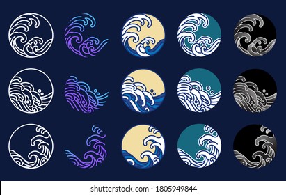 Japan water and ocean wave vector set. Oriental style graphic design. Line art, fill color line and gradient stylized in round shape.