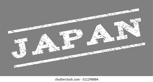 Japan watermark stamp. Text tag between parallel lines with grunge design style. Rubber seal stamp with unclean texture. Vector white color ink imprint on a gray background.