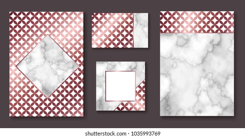 Japan wave pattern brochure layout, business card template or background in trendy minimalistic geometric style, marble texture, gold rose metal, chinese eastern ornament, trendy vector invitation