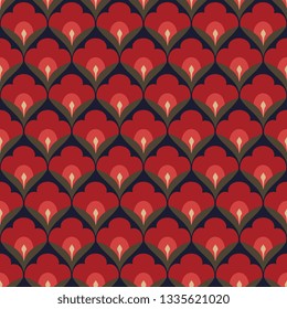Japan wave pattern pretty floral motif. Tiny flowers all over design. Ardent red rose decorative print block for fabric, apparel textile, wrapping paper. Retro oriental minimal ornament vector graphic