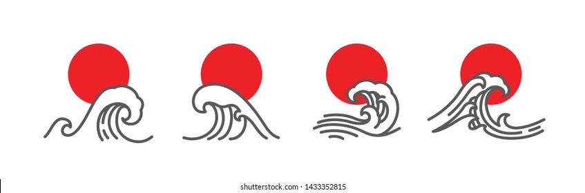 Japan wave and red sun vector illustration set. Linear art of great wave. Minimal style for use as logo, icons or t-shirt design.