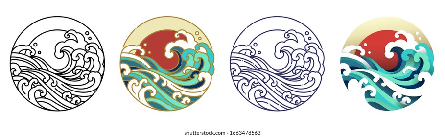 Japan wave water art vector illustration. Outline, flat, outline color and paper cut design. 