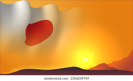 diseño de fondo del concepto de bandera ondulada de japón con vista de puesta de sol sobre la ilustración del vector de la colina, tierra del concepto de sol naciente
