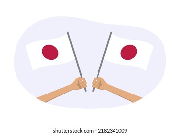 Japan waving flag icon or badge. Hand holding Japanese flags. Vector illustration.