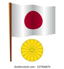 japan wavy flag and coat of arms against white background, vector art illustration, image contains transparency