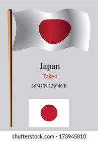 japan wavy flag and coordinates against gray background, vector art illustration, image contains transparency