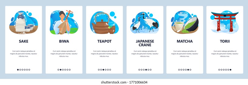 Japan website and mobile app onboarding screens. Menu banner vector template for web site and application development. Torii gate Japanese famous landmarks. Traditional cuisine, music, fauna in Japan.