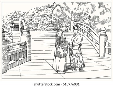 Japan wedding. Young couple in traditional wear near the temple. Black and white dashed style sketch, line art, drawing with pen and ink.