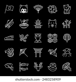 Japan, white line icons. Japanese traditions, landmarks, clothing, and buildings. cultural and travel themes. Symbols on black background. Editable stroke.