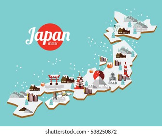 Japan Winter landmark and travel map. Flat design elements and icons. vector illustration