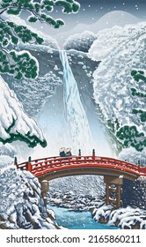 Japan winter waterfall scenery concept in ukiyo-e style vector. Landscape of waterfall.