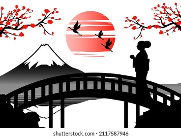japan woman in kimono dress stand on bridge near Fuji mount on sunset time,vector illustration