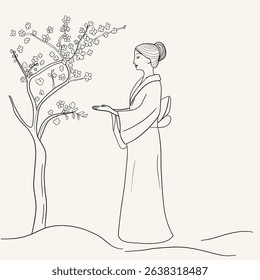 Japan women near blooming sakura, line art vector, traditional clothes, vintage style geisha flat