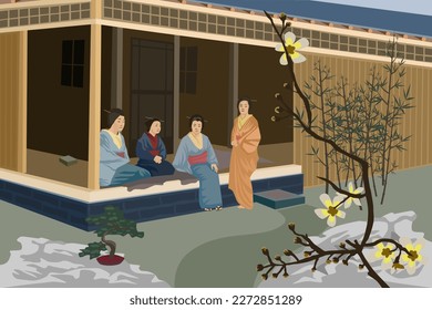 Japan women in teahouse retro illustration of old Japanese culture including bonsai