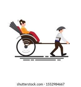 japan women wear kimono riding traditional rickshaw, two wheeled cart to transport people flat illustration vector