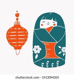 Japan wood dolls Kokeshi vector illustration