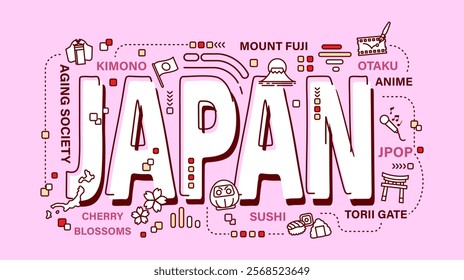 Japan . Word and outline icon on solid color background . Vector . Editable stroke .