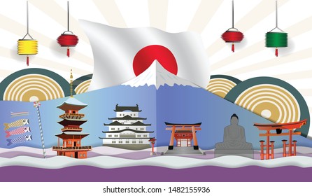 Japan, the world famous colorful city Panorama, postcards, tours, posters, advertisements in the form of paper-cuts, vector