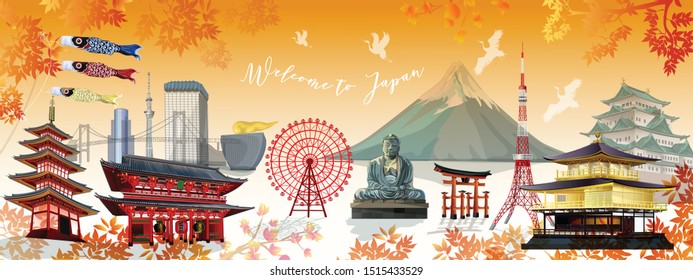 Japan of world famous landmarks in autumn season  for traveling , popular tourist attraction ,and for postcard tour advertising