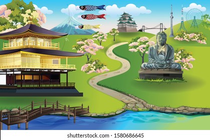 Japan of world famous landmarks in autumn season  for traveling , popular tourist attraction ,and for postcard tour advertising