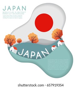Japan : World Flag in paper cut shapes with trees and mountains in the layers : Vector Illustration