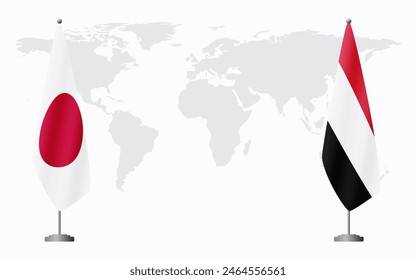 Japan and Yemen flags for official meeting against background of world map.