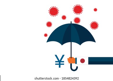 Japan Yen coins under umbrella, financial protection vector style