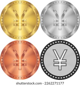 Japan Yen (JPY) China Yuan Renminbi (CNY) Currency Sign Symbol Circular Round Coin Digital Cryptocurrency Gold, Silver, Copper, Black-White Silhouette Logo Icon Isolated on White Background