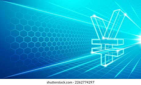 Japan Yen (JPY) China Yuan Renminbi (CNY, RMB) Futuristic Hologram Neon Glow Perspective View National Currency Sign Symbol Fast Transaction Exchange Speed Hologram Design Backdrop Background