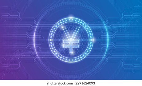 Japan Yen (JPY) China Yuan Renminbi (CNY) Currency Symbol Futuristic Neon Glow Cybernetic Digital Circuit Cryptocurrency Backdrop Background Design Illustration