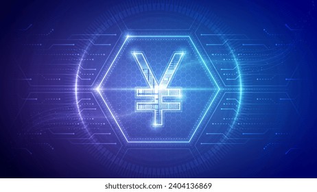 Japan Yen (JPY), China Yuan Renminbi (CNY), Futuristic Currency Finance Symbol, Hologram Cybernetic Neon Glow Translucent Circuit Board Digital Technology Hexagon Block Backdrop Background