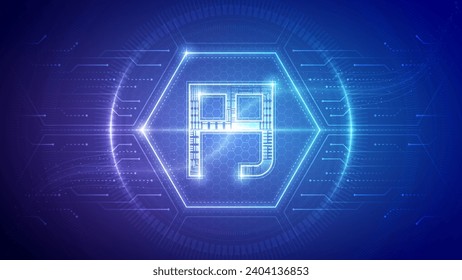 Japan Yen (JPY), Futuristic Currency Finance Symbol, Hologram Cybernetic Neon Glow Translucent Circuit Board Digital Technology Hexagon Block Backdrop Background