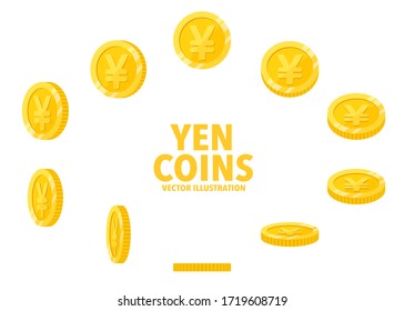 Japan Yen sign gold coin isolated on white background, set of flat icon of coin with symbol at different angles.