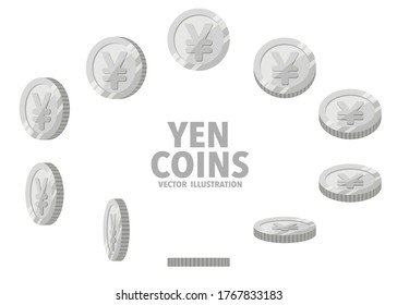 Japan Yen sign silver coins isolated on white background. Set of flat icon design of spin coins with symbol at different angles.