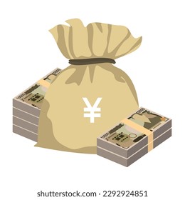 Japan Yen Vector Illustration. Japanese money set bundle banknotes. Money bag 10000 JPY. Flat style. Isolated on white background. Simple minimal design.