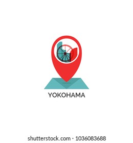 Japan Yokohama map city pin point geolocation modern skyline shape pointer vector flat logo web icon illustration