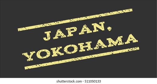 Japan Yokohama watermark stamp. Text tag between parallel lines with grunge design style. Rubber seal stamp with dust texture. Vector khaki yellow color ink imprint on a gray background.