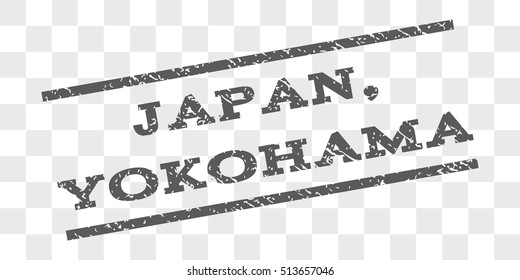 Japan, Yokohama watermark stamp. Text tag between parallel lines with grunge design style. Rubber seal stamp with dirty texture. Vector grey color ink imprint on a chess transparent background.