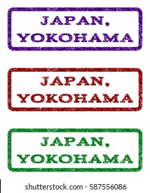 Japan, Yokohama watermark stamp. Text caption inside rounded rectangle frame with grunge design style. Vector variants are indigo blue, red, green ink colors. Rubber seal stamp with scratched texture.