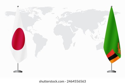 Japan and Zambia flags for official meeting against background of world map.