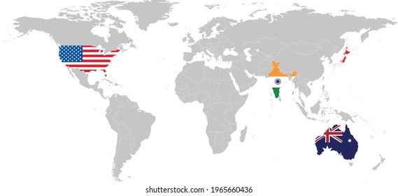 japan,australia,usa and india flag. Background.Quad plus countries in world map. Quadrilateral Security Dialogue.