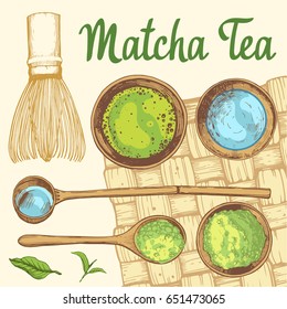 Japaneese ethnic and national tea ceremony. Matcha. Traditions of teatime. Decorative elements for your design. Vector Illustration with party symbols on white background.