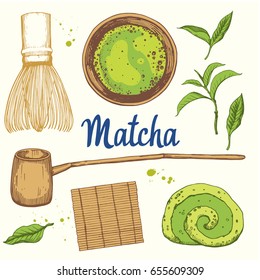 Japaneese ethnic and national tea ceremony. Matcha. Traditions of teatime. Decorative elements for your design. Vector Illustration with party symbols on white background.