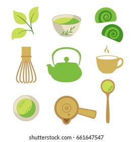 Japaneese ethnic and national tea ceremony. Matcha icons set. Traditions of teatime. Decorative elements for your design. Vector Illustration with party symbols on white background.