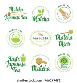 Japaneese ethnic and national tea ceremony. Matcha logo set. Traditions of teatime. Decorative elements for your design. Vector Illustration with party symbols on white background.