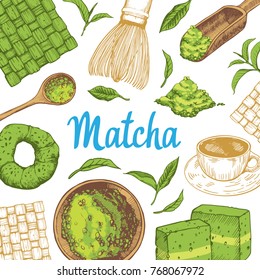 Japaneese ethnic and national tea ceremony. Matcha. Traditions of teatime. Decorative elements for your design. Vector Illustration with party symbols on white background.