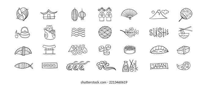 Japaneese Food and Traditions concept art. Menu restaurant. Sushi set. Icons collection for your design